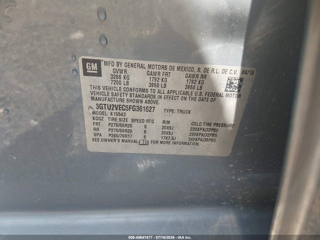 Aukcja sprzedaży 2015 Gmc Sierra 1500 Slt, vin: 3GTU2VEC5FG361627, numer aukcji: 45647477