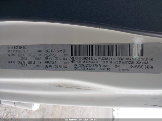 45647481 :رقم المزاد ، 1C4BJWDG8HL671474 vin ، 2017 Jeep Wrangler Unlimited Sport مزاد بيع