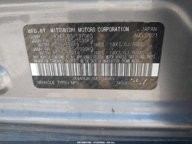 2021 Mitsubishi Outlander Sport 2.0 Be Awc/2.0 Es Awc/2.0 Le Awc/2.0 Se Awc მანქანა იყიდება აუქციონზე, vin: JA4ARUAU1MU034069, აუქციონის ნომერი: 45647492