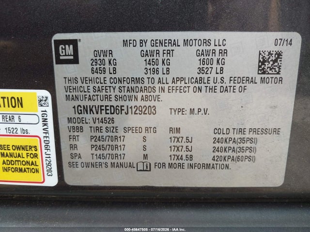 Aukcja sprzedaży 2015 Chevrolet Traverse Ls, vin: 1GNKVFED6FJ129203, numer aukcji: 45647505