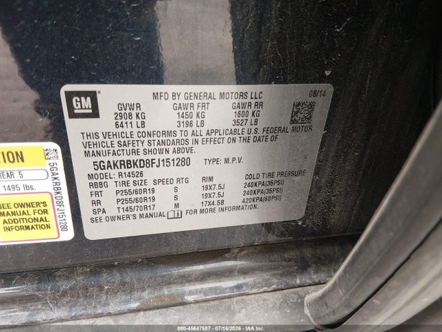 45647507 :رقم المزاد ، 5GAKRBKD8FJ151280 vin ، 2015 Buick Enclave Leather مزاد بيع