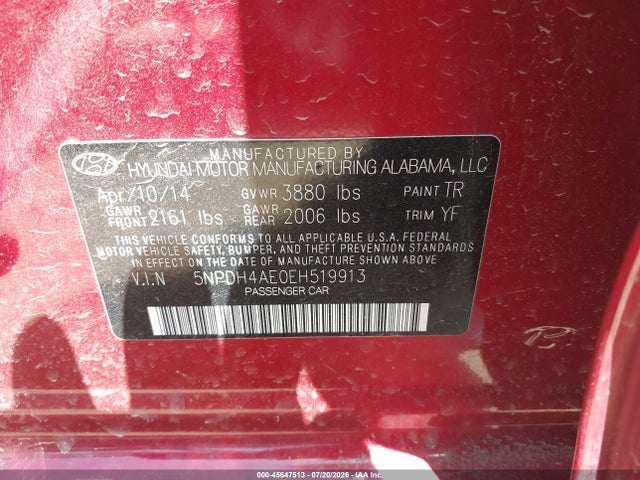 Auction sale of the 2014 Hyundai Elantra Se, vin: 5NPDH4AE0EH519913, lot number: 45647513