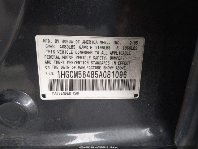 Aukcja sprzedaży 2005 Honda Accord 2.4 Lx, vin: 1HGCM56485A081096, numer aukcji: 45647516