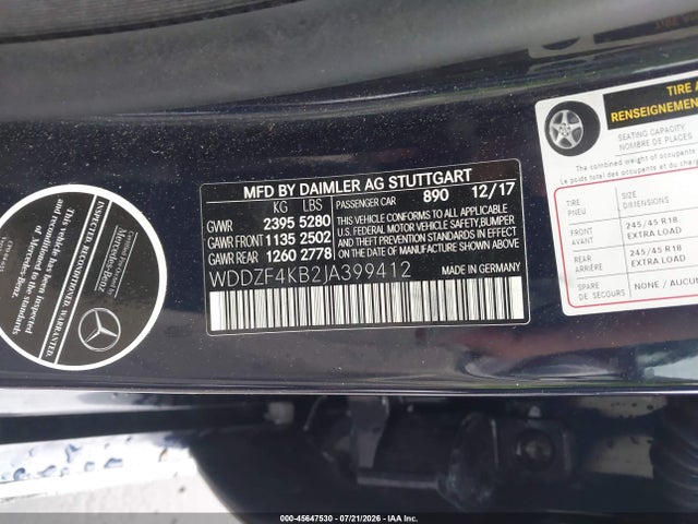 45647530 :رقم المزاد ، WDDZF4KB2JA399412 vin ، 2018 Mercedes-benz E 300 4matic مزاد بيع