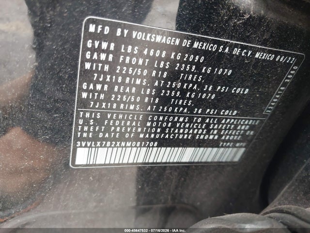 2022 Volkswagen Taos 1.5t Se მანქანა იყიდება აუქციონზე, vin: 3VVLX7B2XNM081708, აუქციონის ნომერი: 45647532