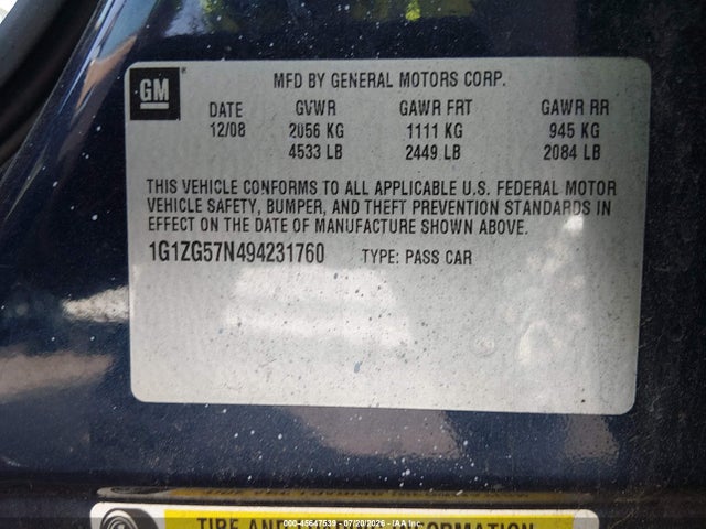 Auction sale of the 2009 Chevrolet Malibu Ls, vin: 1G1ZG57N494231760, lot number: 45647539