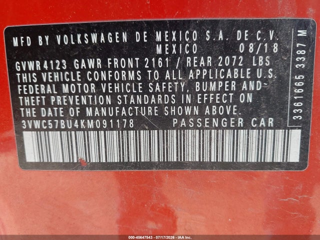 Aukcja sprzedaży 2019 Volkswagen Jetta 1.4t R-line/1.4t S/1.4t Se, vin: 3VWC57BU4KM091178, numer aukcji: 45647543