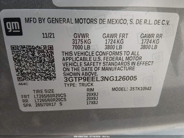 Продажа на аукционе авто 2022 Gmc Sierra 1500 Limited 4wd  Short Box At4, vin: 3GTP9EEL3NG126005, номер лота: 45647549