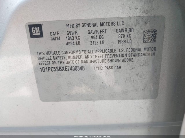 1G1PC5SBXE7400348 Chevrolet Cruze 1lt Auto