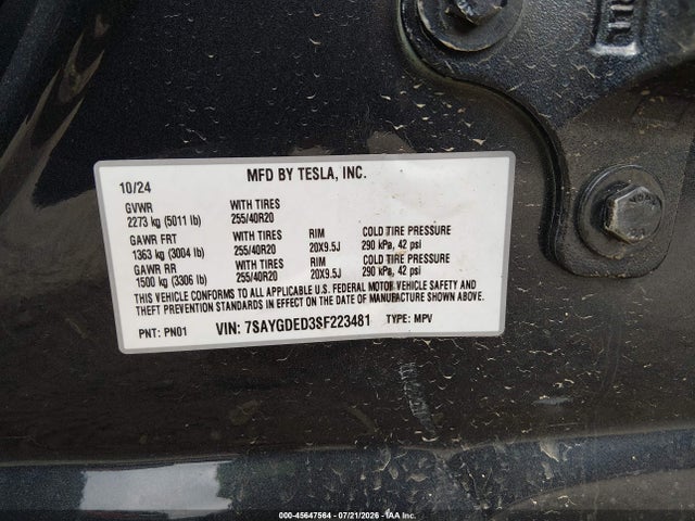 7SAYGDED3SF223481 Tesla Model Y Long Range Dual Motor Rear-wheel Drive