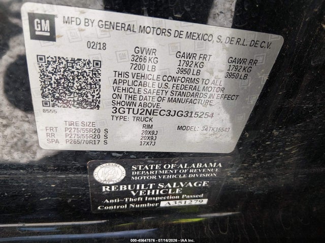 45647576 :رقم المزاد ، 3GTU2NEC3JG315254 vin ، 2018 Gmc Sierra 1500 Slt مزاد بيع