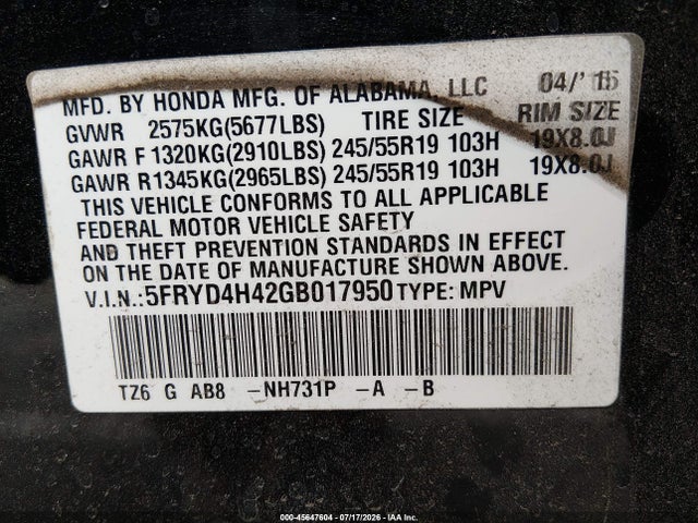 5FRYD4H42GB017950 Acura Mdx Technology Acurawatch Plus Packages/technology Package