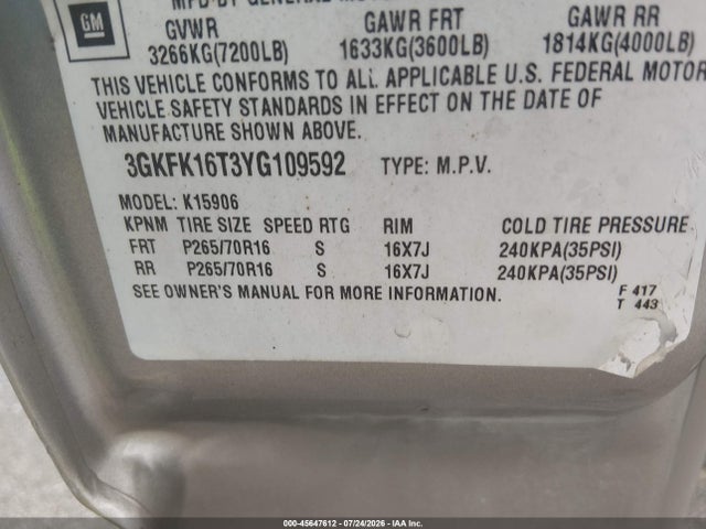 Aukcja sprzedaży 2000 Gmc Yukon Xl 1500 Slt, vin: 3GKFK16T3YG109592, numer aukcji: 45647612