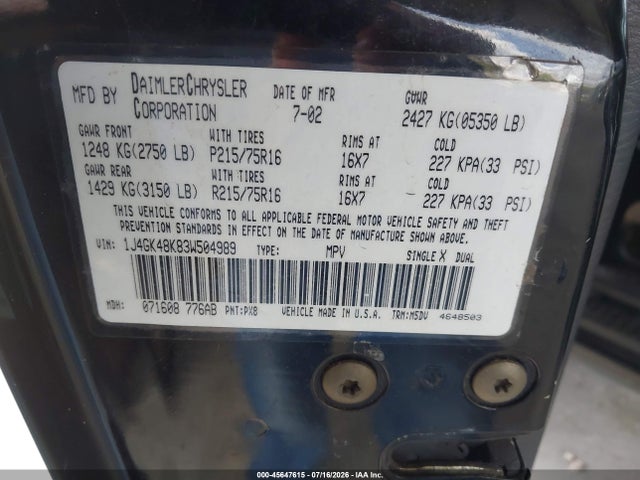 Aukcja sprzedaży 2003 Jeep Liberty Sport, vin: 1J4GK48K83W504989, numer aukcji: 45647615