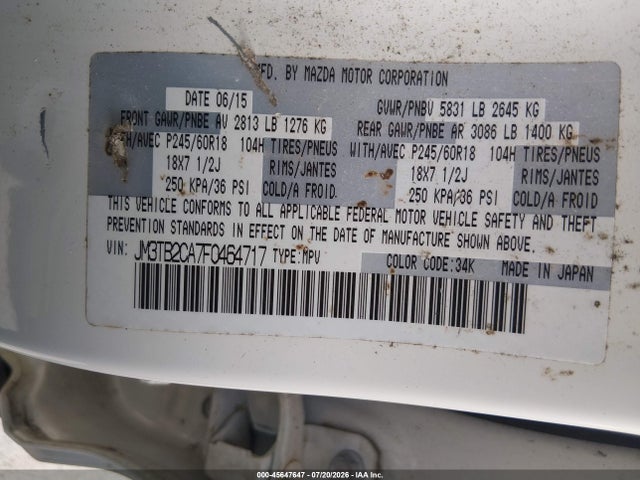 45647647 :رقم المزاد ، JM3TB2CA7F0464717 vin ، 2015 Mazda Cx-9 Touring مزاد بيع