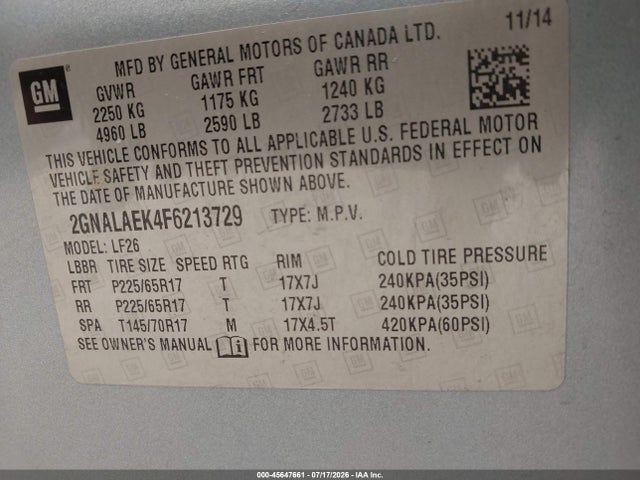 Продажа на аукционе авто 2015 Chevrolet Equinox Ls, vin: 2GNALAEK4F6213729, номер лота: 45647661