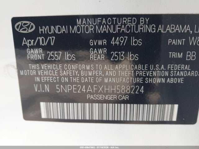 2017 Hyundai Sonata Se მანქანა იყიდება აუქციონზე, vin: 5NPE24AFXHH588224, აუქციონის ნომერი: 45647663