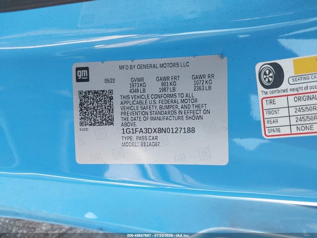 2022 Chevrolet Camaro Rwd  1lt მანქანა იყიდება აუქციონზე, vin: 1G1FA3DX8N0127188, აუქციონის ნომერი: 45647667