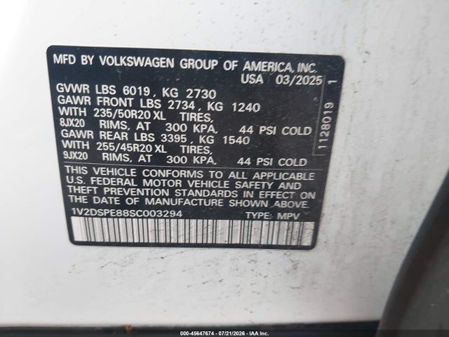Aukcja sprzedaży 2025 Volkswagen Id.4 Awd Pro, vin: 1V2DSPE88SC003294, numer aukcji: 45647674