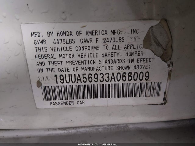 Продаж на аукціоні авто 2003 Acura Tl 3.2 Type S, vin: 19UUA56933A066009, номер лоту: 45647679