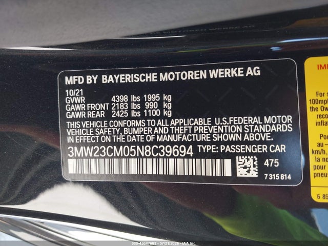 Aukcja sprzedaży 2022 Bmw 230 I, vin: 3MW23CM05N8C39694, numer aukcji: 45647683