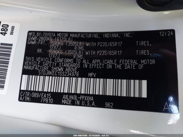 Aukcja sprzedaży 2025 Toyota Sienna Xle, vin: 5TDJRKEC1SS234978, numer aukcji: 45647689