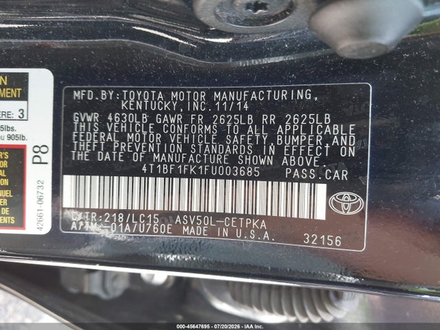 45647695 :رقم المزاد ، 4T1BF1FK1FU003685 vin ، 2015 Toyota Camry Xse مزاد بيع