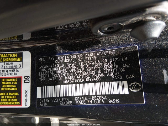 Aukcja sprzedaży 2019 Lexus Es 350 F Sport, vin: 58ABZ1B1XKU049460, numer aukcji: 45647712