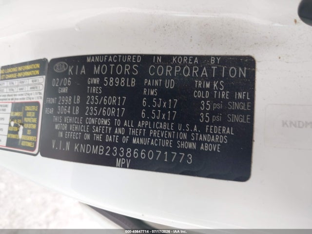 Продаж на аукціоні авто 2006 Kia Sedona Ex/lx, vin: KNDMB233866071773, номер лоту: 45647714