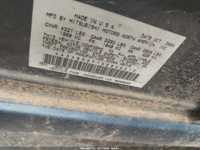 45647722 :رقم المزاد ، 4A3AB56F75E028215 vin ، 2005 Mitsubishi Galant Es/se مزاد بيع