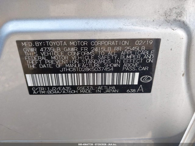 45647726 :رقم المزاد ، JTHC81D28K5037454 vin ، 2019 Lexus Is 300 مزاد بيع