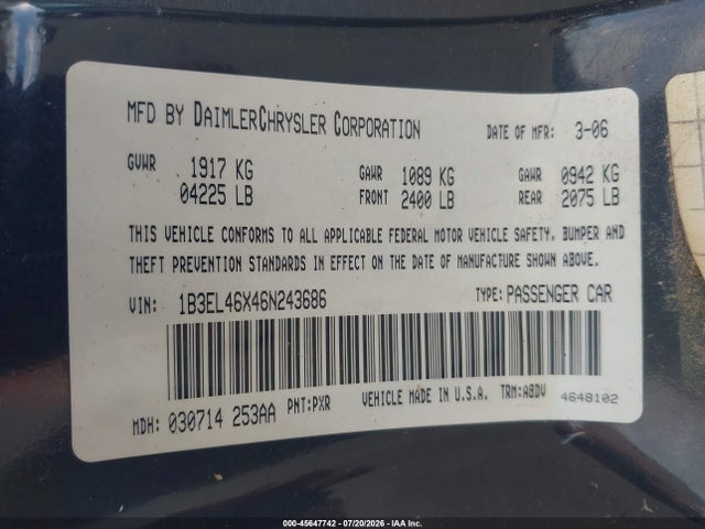 2006 Dodge Stratus Sxt მანქანა იყიდება აუქციონზე, vin: 1B3EL46X46N243686, აუქციონის ნომერი: 45647742