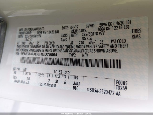 45647775 :رقم المزاد ، 1FMCU0JD8HUD75864 vin ، 2017 Ford Escape Titanium مزاد بيع