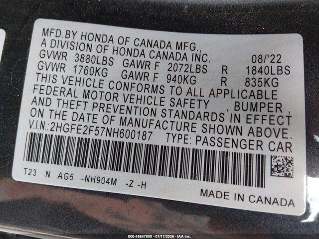 2HGFE2F57NH600187 Honda Civic Sport