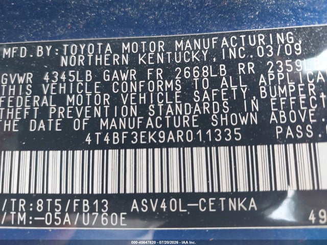 2010 Toyota Camry მანქანა იყიდება აუქციონზე, vin: 4T4BF3EK9AR011335, აუქციონის ნომერი: 45647820