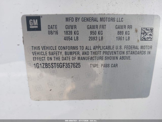 Продаж на аукціоні авто 2016 Chevrolet Malibu Ls, vin: 1G1ZB5ST6GF357625, номер лоту: 45647831
