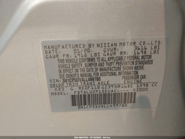 Aukcja sprzedaży 2020 Nissan Kicks Sr Xtronic Cvt, vin: 3N1CP5DV4LL499780, numer aukcji: 45647833