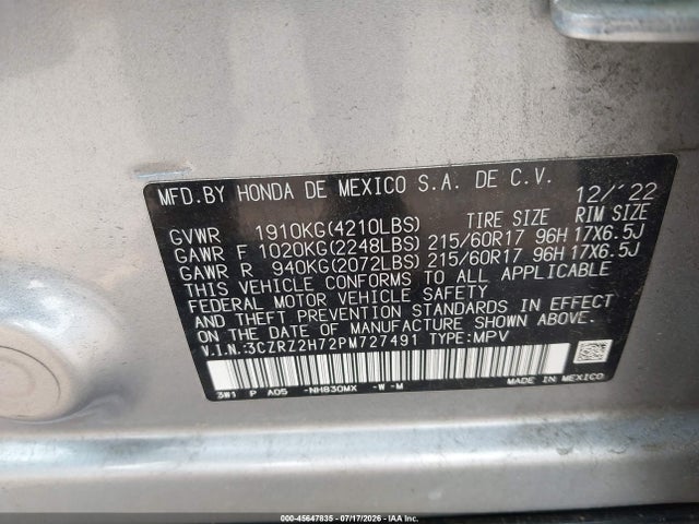 2023 Honda Hr-v Awd Ex-l მანქანა იყიდება აუქციონზე, vin: 3CZRZ2H72PM727491, აუქციონის ნომერი: 45647835