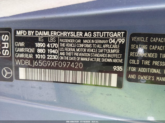Aukcja sprzedaży 1999 Mercedes-benz Clk 320, vin: WDBLJ65G9XF097420, numer aukcji: 45647839