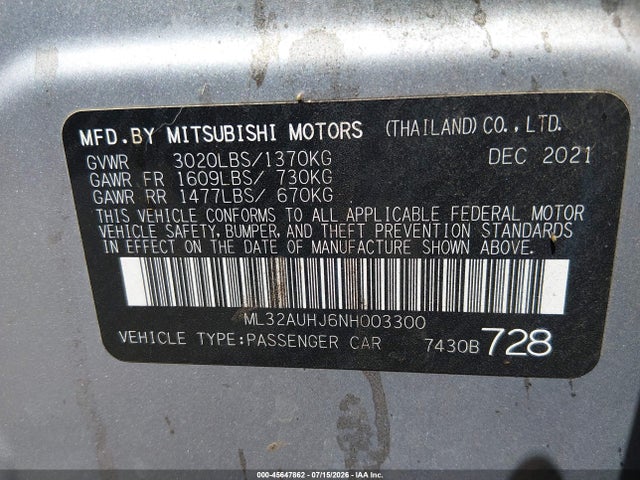 2022 Mitsubishi Mirage Es/le მანქანა იყიდება აუქციონზე, vin: ML32AUHJ6NH003300, აუქციონის ნომერი: 45647862