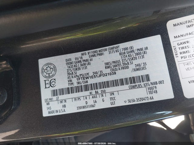 Ford F-150 Lariat 2018 1FTEW1E51JFD21039 Image 9
