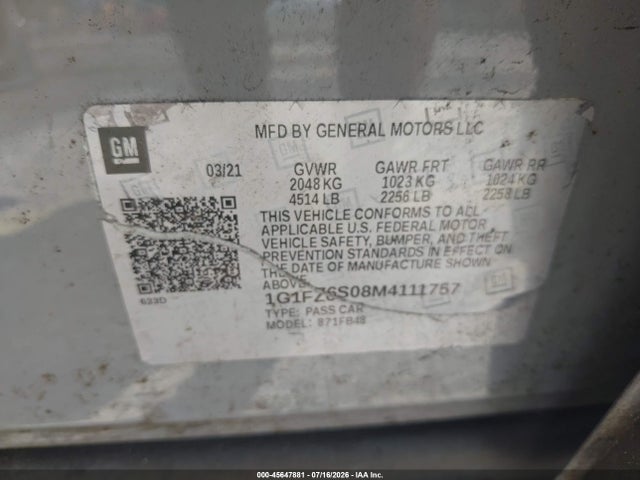 45647881 :رقم المزاد ، 1G1FZ6S08M4111757 vin ، 2021 Chevrolet Bolt Ev Fwd Premier مزاد بيع