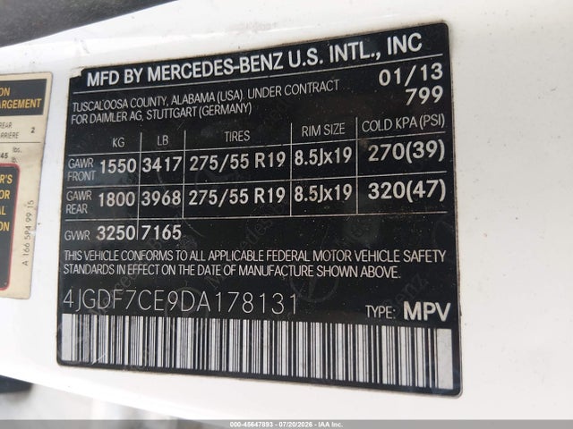 Auction sale of the 2013 Mercedes-benz Gl 450 4matic, vin: 4JGDF7CE9DA178131, lot number: 45647893