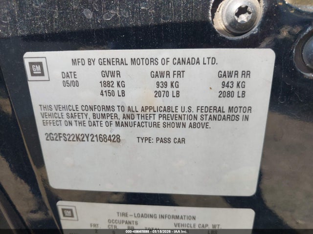 Продажа на аукционе авто 2000 Pontiac Firebird, vin: 2G2FS22K2Y2168428, номер лота: 45647898
