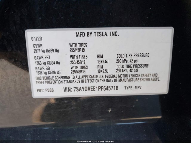 Aukcja sprzedaży 2023 Tesla Model Y Awd/long Range Dual Motor All-wheel Drive, vin: 7SAYGAEE1PF645716, numer aukcji: 45647899