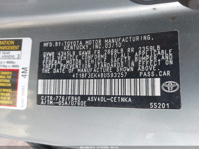 45647914 :رقم المزاد ، 4T1BF3EK4BU593257 vin ، 2011 Toyota Camry Le مزاد بيع