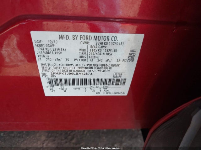 45647924 :رقم المزاد ، 2FMPK3J96LBA42873 vin ، 2020 Ford Edge Sel مزاد بيع