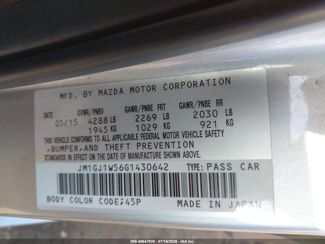 Продаж на аукціоні авто 2016 Mazda Mazda6 I Grand Touring, vin: JM1GJ1W56G1430642, номер лоту: 45647939