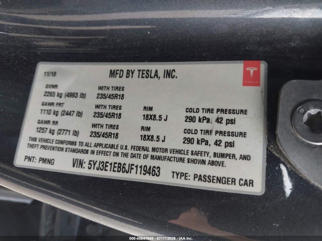 Tesla Model 3 Long Range/performance 2018 5YJ3E1EB6JF119463 Image 9