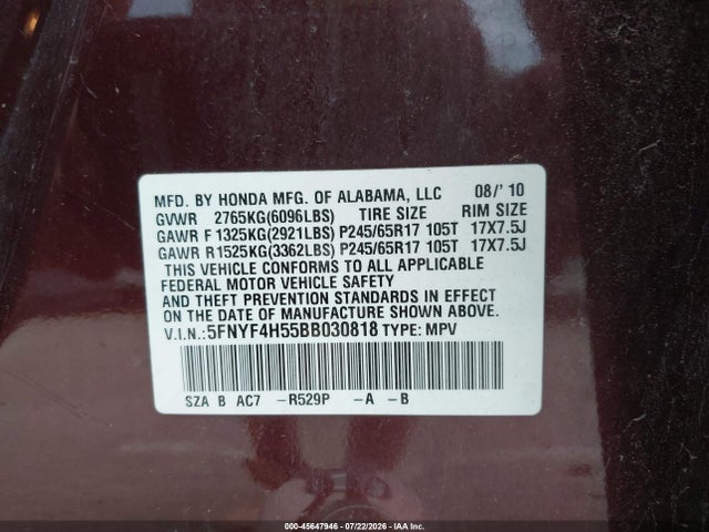 Продажа на аукционе авто 2011 Honda Pilot Ex-l, vin: 5FNYF4H55BB030818, номер лота: 45647946